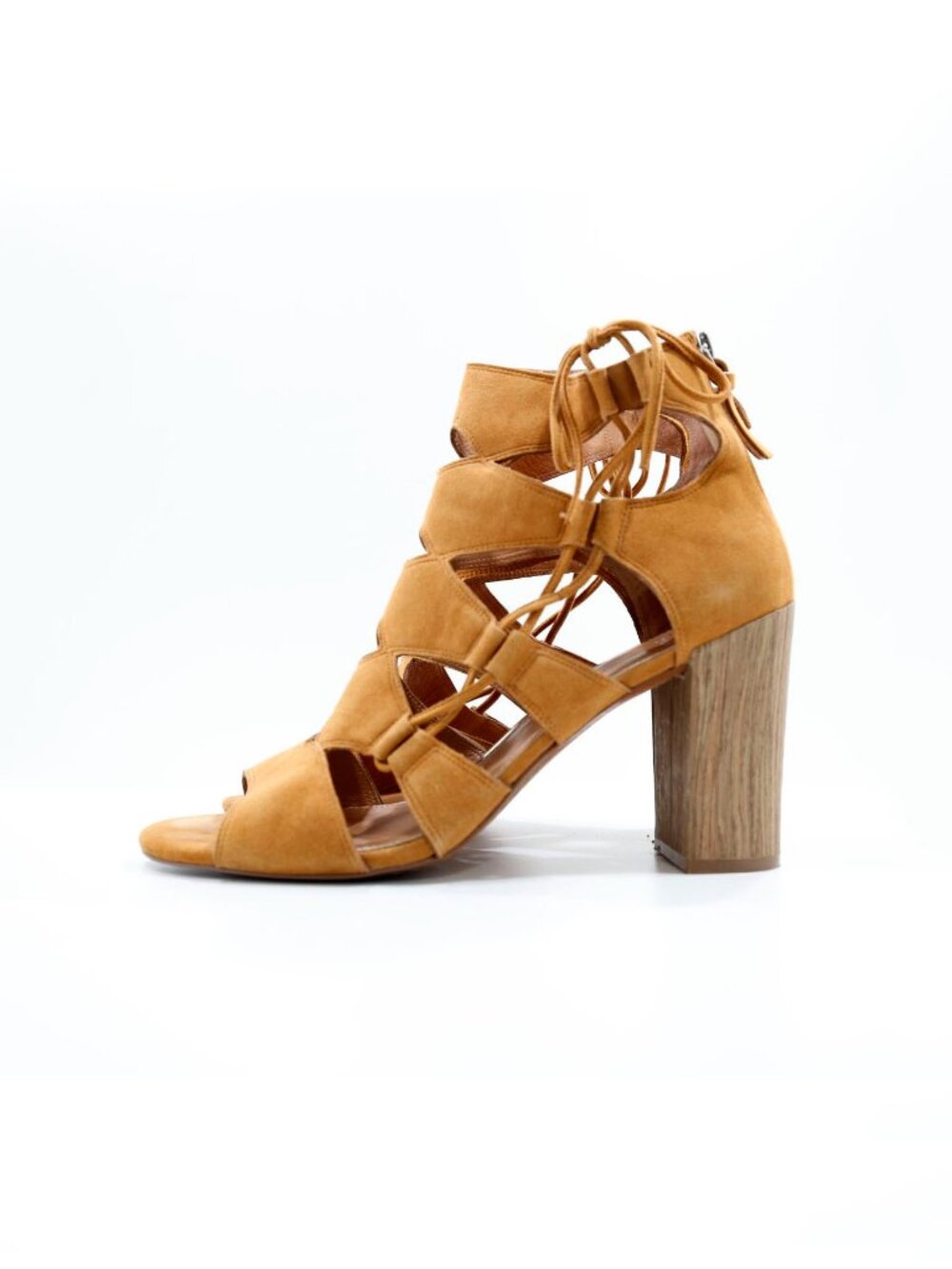 Linea Paolo Honey Brown Suede Leather 4" Block Heel Cutout Sandals - 11